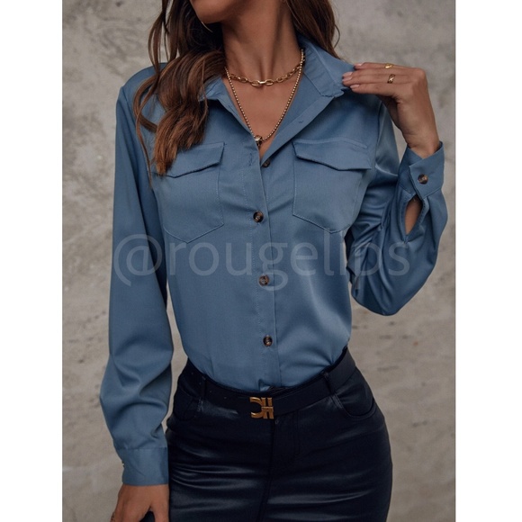 Blue Casual Button Up / Down Shirt Collar, V-Neck Button Front Long Sleeve - Picture 8 of 10